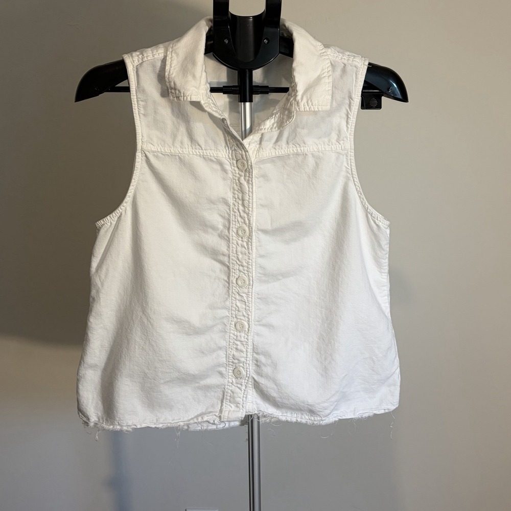 Cloth & Stone Womens White Sleeveless Collared Button Up Frayed Hem Shirt Medium